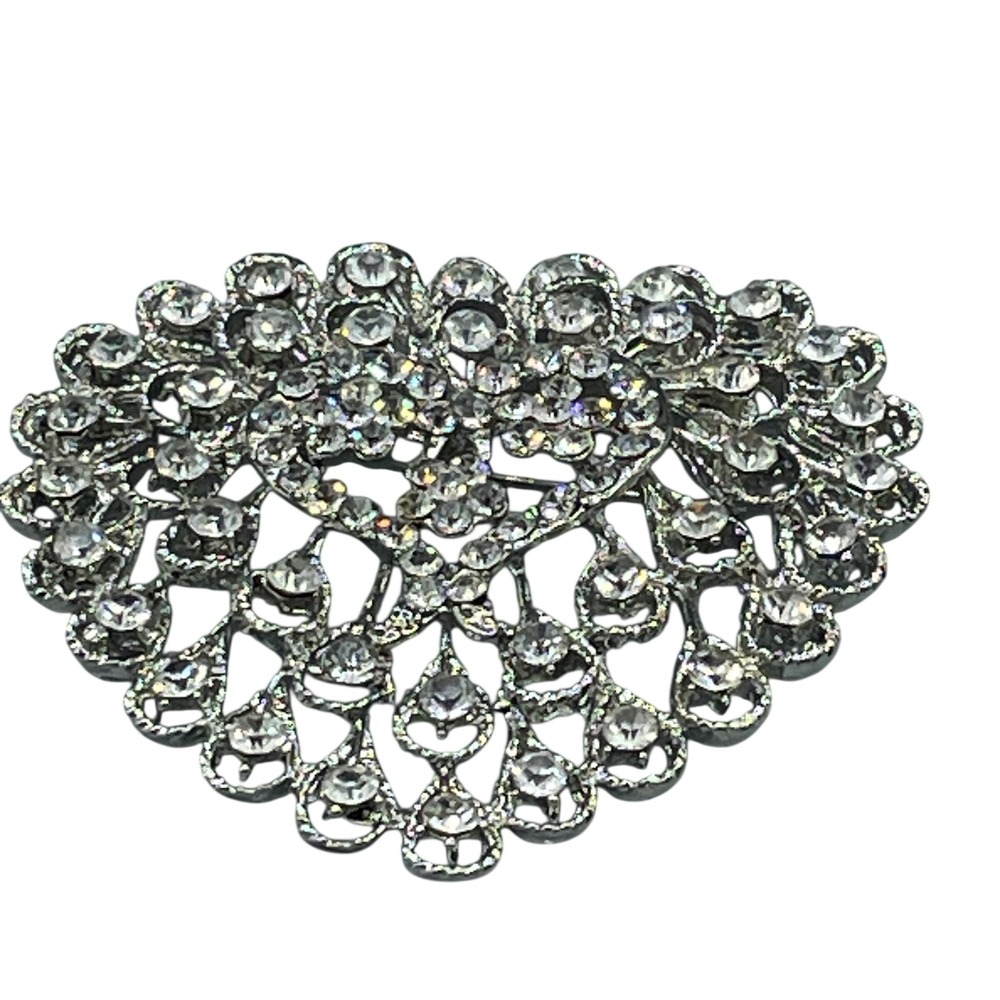 Vintage Style SilverTone Rhinestone Heart Brooch Pin Clear Crystal Filigree 2.5"